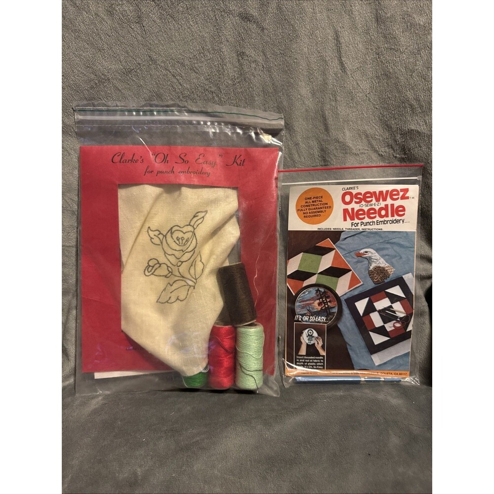Vintage 80s Oh So Easy Clarke's Osewez Punch Embroidery Kit Rose Light Green